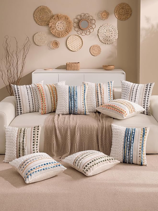 KOOLIFE Boho Chenille Tufted Couch Throw Pillow Covers 18x18 Inch Set of 2 Farmhouse Striped Decorative Pillow Covers Accent Neutral Square Pillowcase Blue Cushion Covers for Livingroom Sofa Bed