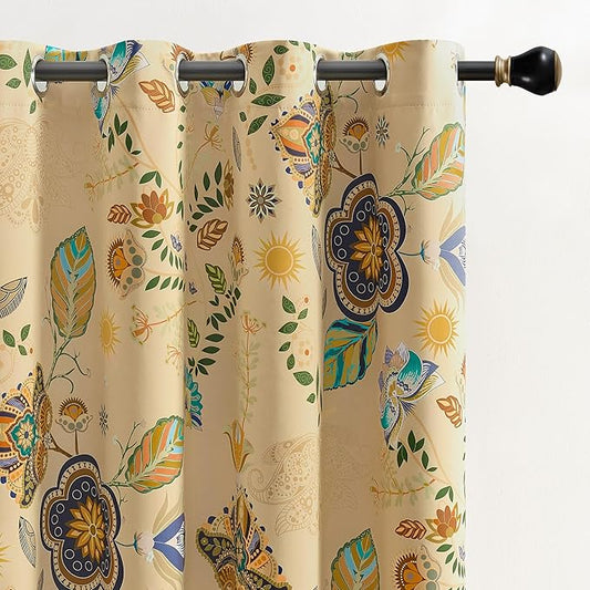 XiDi Beige Vintage Floral Curtains Boho Blackout Curtains Patterned 84 Inches Long 2 Panels for Bedroom Living Room Thermal Insulated Grommet Luxury Colorful Botanical Flower Leaf Printed Drapes 52x84