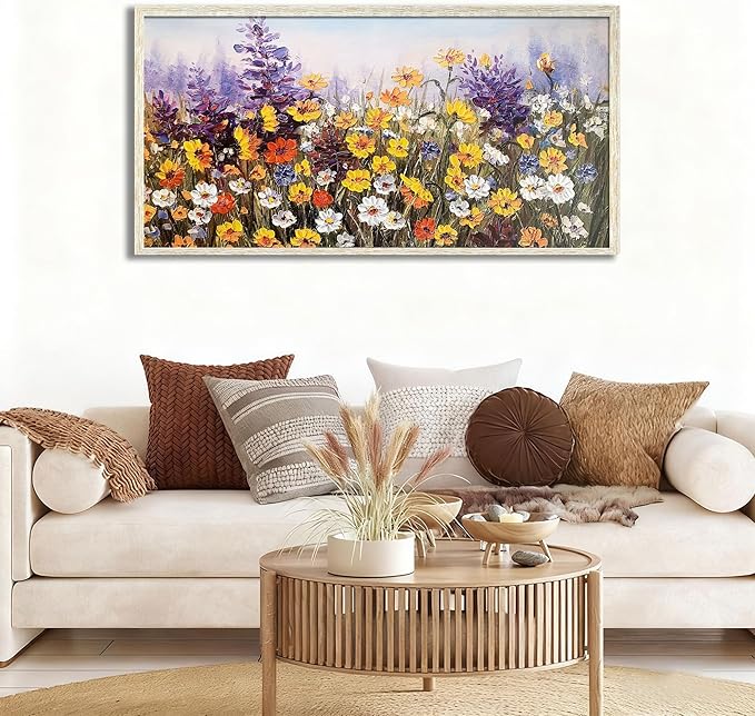 Ardemy Wildflower Wall Art Canvas Living Room Framed Daisy Floral Large Colorful Pictures Wall Decor Textured Purple Paintings Artwork for Walls Bedroom Home Office, 40"x20"