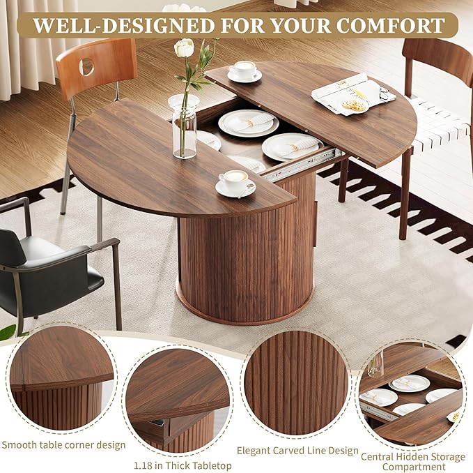 weselon 43"-59" Extendable Round to Oval Dining Table with Hidden Storage, Modern Wooden Kitchen Table with Fluted Sliding Door Cabinet, Expandable Dinner Table for Dining Room Living Room (Walnut)