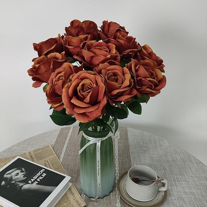 Fake Burnt Orange Roses Artificial Flowers,Floral Diameter 4'',20 Pcs Artificial Silk Roses Flowers with Stems for Wedding Arrangement Centerpieces Party Home Table Decorations (20, burnt orange )