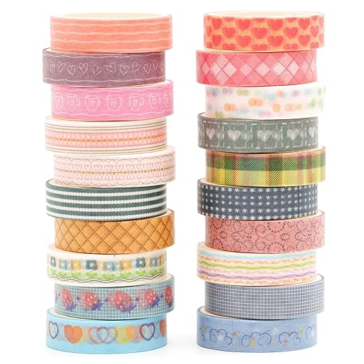 Songdao 20 Rolls Basic Washi Tape Set Japanese Arts Adhesive Tapes Simple Patterns Decorative Masking Tape Sets for Craft, Kids, Scrapbook, DIY, Gift Wrapping (Style Three)