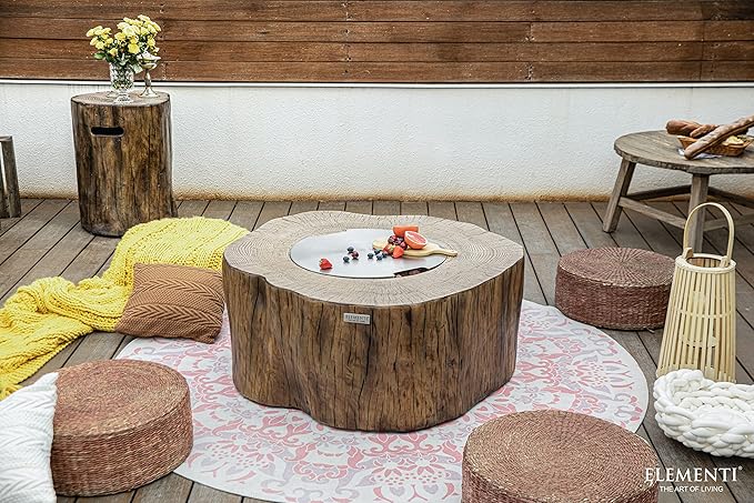 Elementi | Bundle Manchester Gas Fire Pit Cast Concrete Semi-Round Fire Table, Outdoor Fire Pit Electronic Ignition | Canvas Cover, Lava Rock Included | Red Wood | Natural Gas