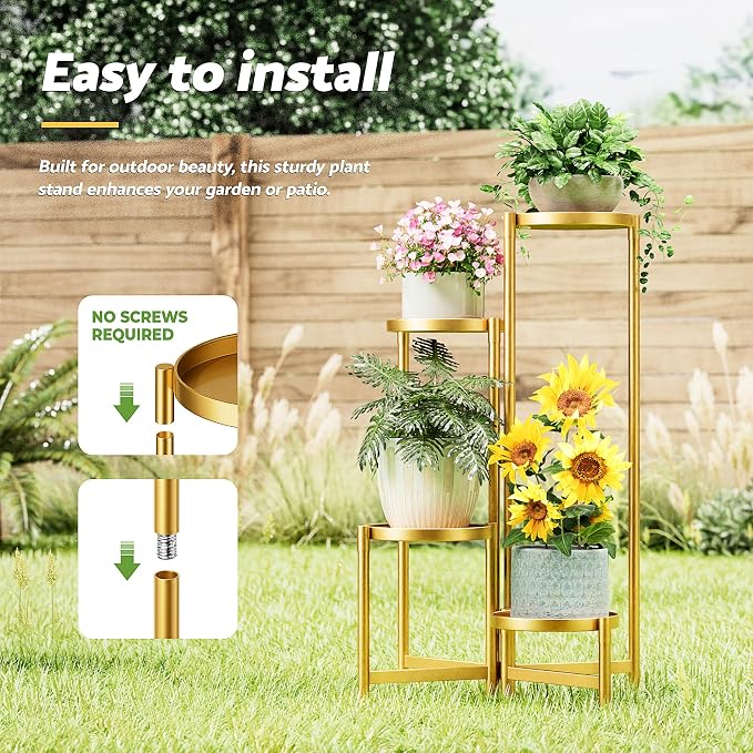 Gold Plant Stand, 4 Tiered Plant Stand Indoor for Multiple Large Planter, Tall Heavy Duty Adjustable Folding Rack with Rustproof 7.9 Inch Wide Tray, Plant Shelf for Corner - GoldDisk