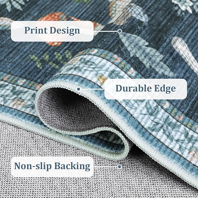 Washable 2x6 Vintage Runners for Hallway Entryway Retro Distressed Kitchen Carpet Runner Low Pile Soft Bedside Boho Carpet Non Slip Bath Rug Non Shed Thin Floral Accent Carpets, Blue
