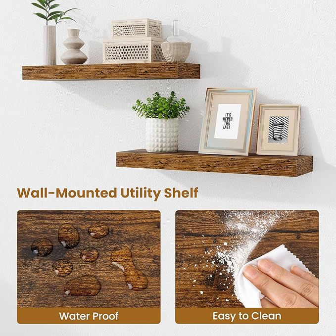 Fun Memories Floating Shelves Set of 2, 24 Inch Floating Shelves for Wall, Wood Wall Shelves with Invisible Brackets, for Bathroom, Bedroom, Living Room, Kitchen, Rustic Brown