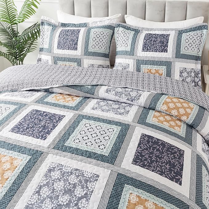 HoneiLife Queen Quilt Bedding Set - 3 Pieces Microfiber Quilt Sets Lightweight Bedspreads Reversible Coverlets Rustic Bed Cover Floral Bedding Set All Season Quilts-Grey