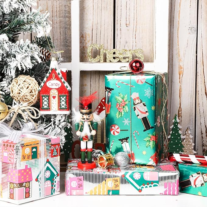 LeZakaa Christmas Wrapping Paper Mini Roll, Nutcracker Snowflake Gingerbread House Design Metallic Foil Holiday Gift Wrap, Arts Craft, for Xmas Winter Party, 17 x 120 inches, 3 Rolls