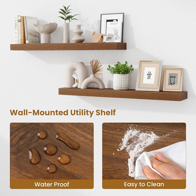 Fun Memories Floating Shelves for Room Wall, 36 Inch Long Shelf Set of 2， Hanging Wood Shelves for Storage & Display, Walnut