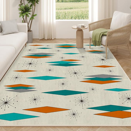 Mid Century Modern Rug for Living Room 8'x10', Non-Slip Machine Washable Carpet Atomic Retro Area Rug for Bedroom Dining Room Office Indoor Modern Home Decor