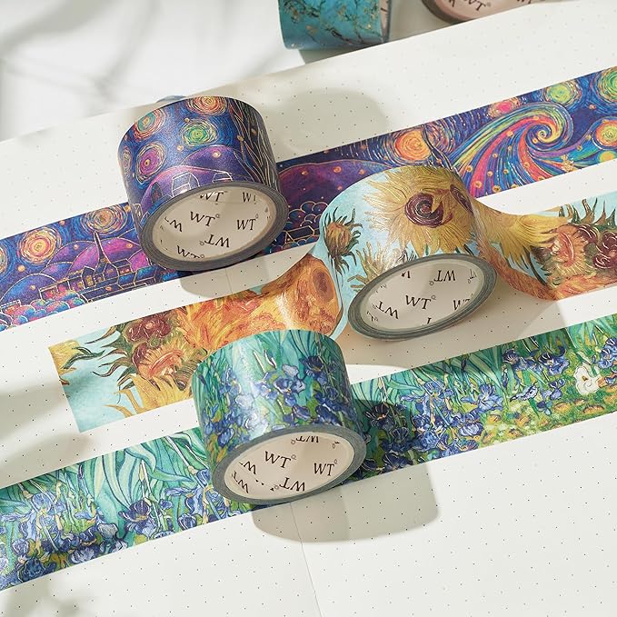 WT Van Gogh Washi Tape Set, Original Design, 3 Rolls, Gold Foil, 30mm Wide Decorative Masking Tape, Bujo Planner Supplies, DIY Art Crafts Paper Tape, Adhesive Wrapping Tape, Journals Gifts