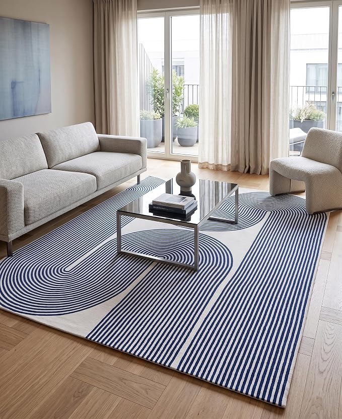 Modern Handmade Wool Area Rug, Abstract Curved Line Geometric Indoor Carpet for Living Room Bedroom, Contemporary Tufted Rug with Soft Pile and Cotton Backing (Royal Blue, 8' x 10')