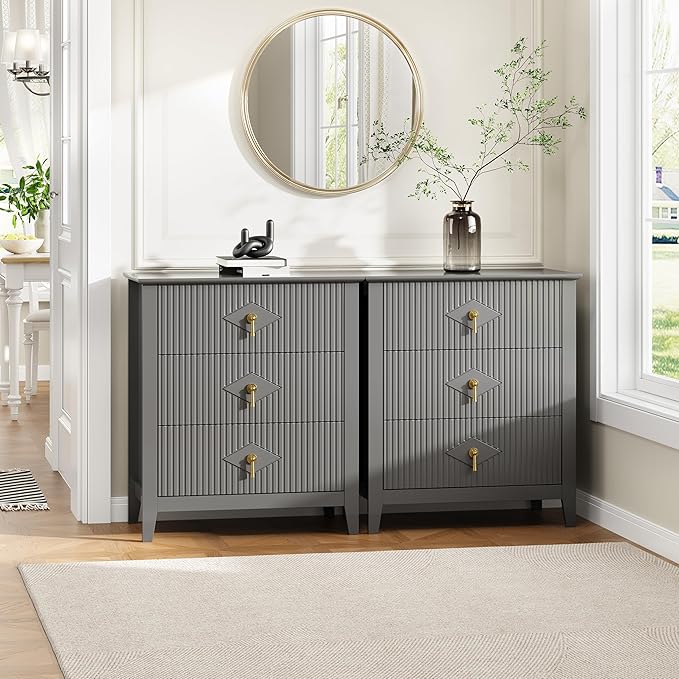 GarveeHome Wood Nightstand Fluted Dresser for Bedroom, 27.5" Wide 3-Drawer Bedside Tables, Modern Chest of Drawers, Storage End Table Living Room, Hallway, Entryway, Grey