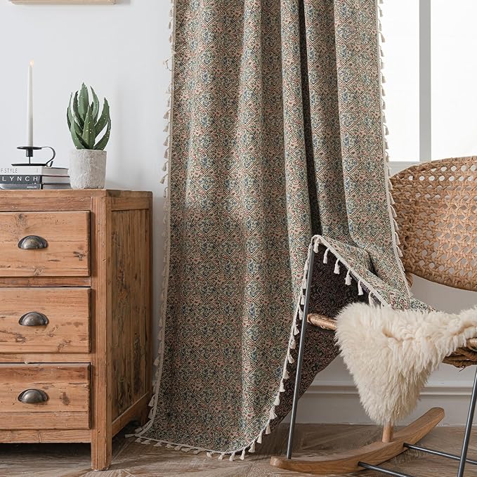 ENJOYBRIDAL Floral Living Room Curtains 63 Inch Length Boho Drapes Short Jacquard Semi Sheer Bedroom Window Curtains Patterned Farmhouse Country Rod Pocket Aesthetic Tassel 2 Panels Window Treatments