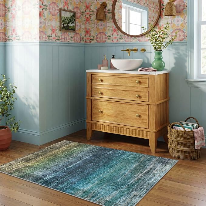 Kokia Abstract Area Rug Washable 2x3 Non-Slip Stain Resistant Entryway Rug Soft Indoor Mat for Kitchen Door Decor, Oslo Teal