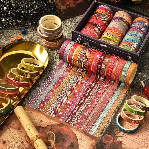 Songdao 36 Rolls Skinny Washi Tape Set Gold Foil Detailing Arts Adhesive Tapes Basic Patterns Decorative Masking Tape Sets for Craft, Kids, Scrapbook, DIY, Gift Wrapping (Kawaii)