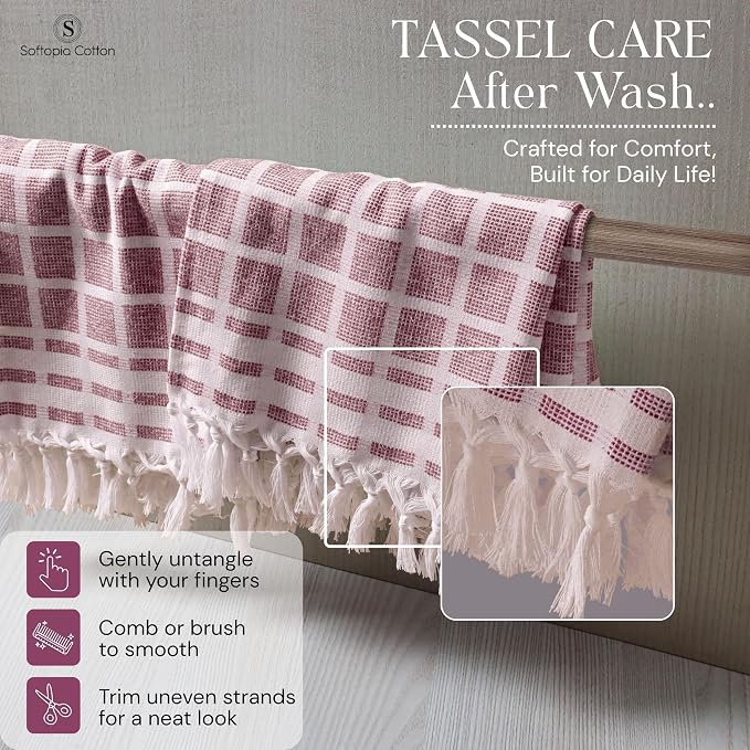 Matrix Dobby Kitchen Towels 12 Pack 100% Cotton, 16x26 Inches, Decorative Tea Towels with Handmade Tassels, Absorbent Reusable Dish Cloths for Kitchen Drying - Burgundy Wine, Natural