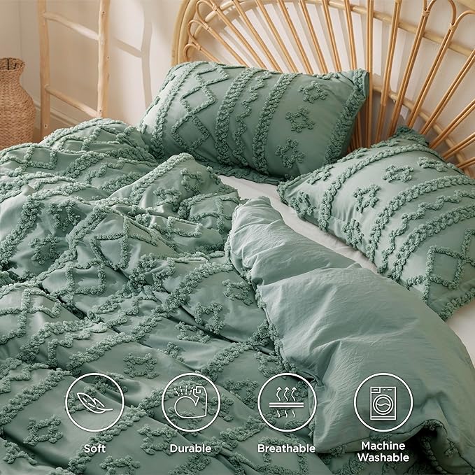 Bedsure Boho Duvet Cover King Size, Soft & Comfortable Elegant Design Boho Bedding for Decoration, Machine Washable Comforter Cover for All Seasons,Includes 1 Duvet Cover & 2 Pillow Shams,Sage Green