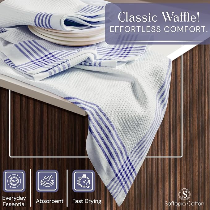 Waffle White & Indigo Blue Kitchen Towels 12 Pack, 100% Cotton, 16x26 inches, Premium Dish Towel, Long Lasting Bar Mop Cloths, Perfect for Drying Dishes, Cooking and Cleanup