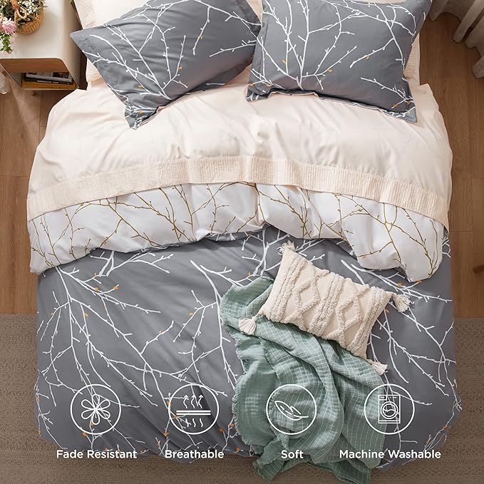Bedsure Duvet Cover Queen Size - Reversible Tree Branch Duvet Cover Set with Zipper Closure, 3 Pieces Grey Bedding Set with 8 Corner Ties and 2 Pillow Shams 20"x26"