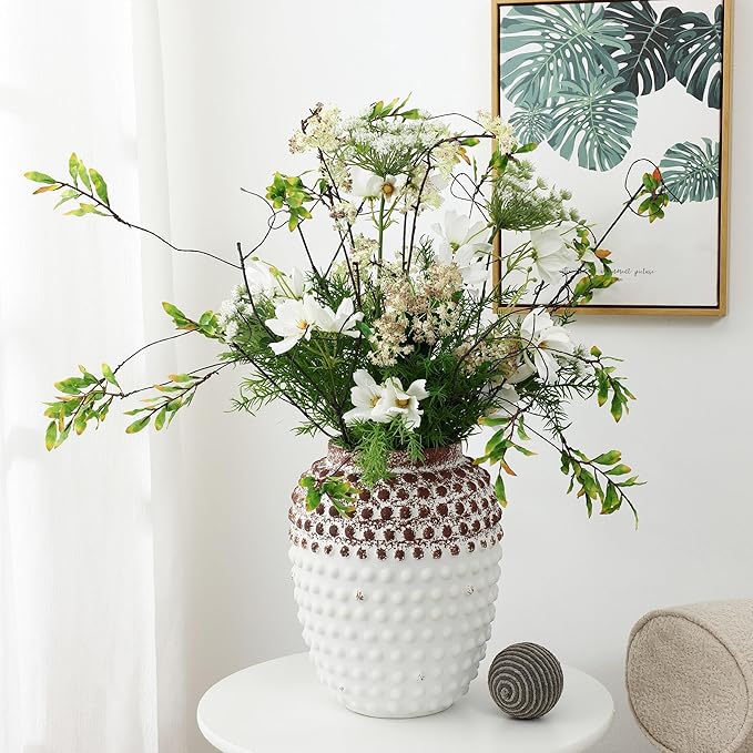 LuxenHome Ceramic Flower Vase,Rustic Decorative Vase for Home Decor,Vintage White and Brown Beaded 12-Inch Tall Urn Vase Shelf Decor Room Decor Entry Way Table Home Decor