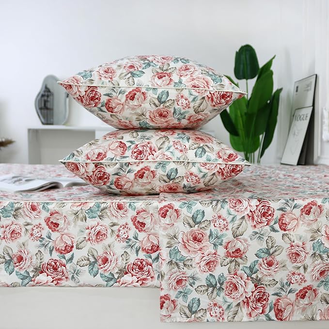FADFAY Rose Floral Sheets Set King Vintage Red Floral Bedding Shabby Rustic Rose Sheets French Country Farmhouse Bedding 800 Thread Count 100% Egyptian Cotton Deep Pocket Fitted Sheet 4Pcs, King Size