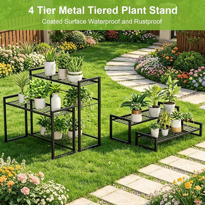 VyGrow Plant Stand, 4 Tier Widened Stackable Tiered Plant Stand, Upgraded Scalable Heavy Duty Tall Plant Shelf for Indoor Outdoor, Garden, Display Shelves, Flower Pot Holder, Black