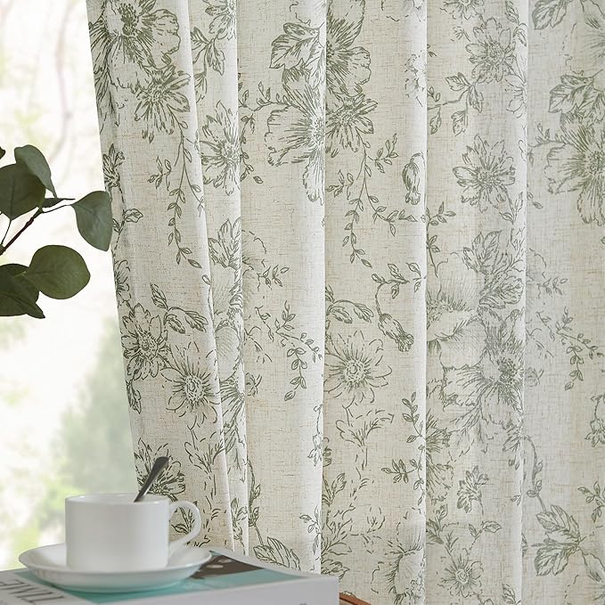 jinachan Pinch Pleated Curtains Floral Linen Blend Curtains for Living Room 96 Inches Length Christmas Green Peony Flower Printed Curtain Rod Pocket Back Tab Farmhouse Drapes with Hooks Set 2 Panels