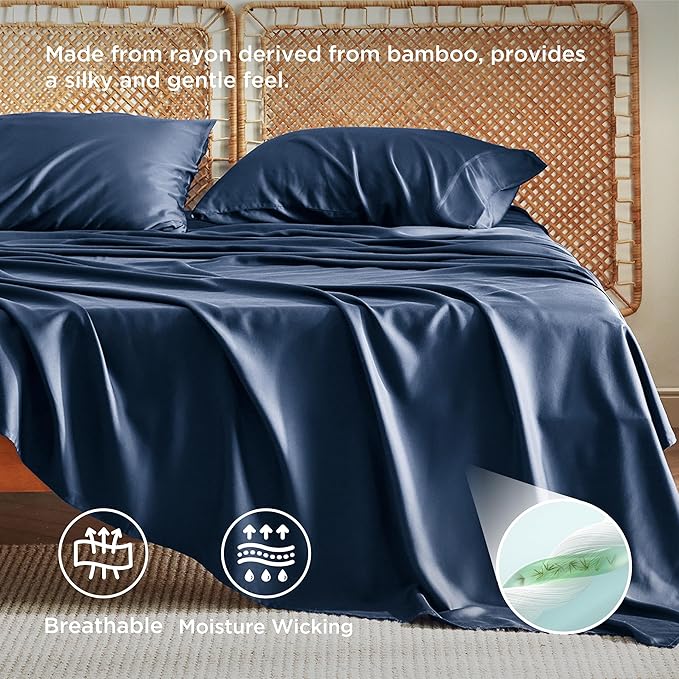 Bedsure King Size Sheets Set, Cooling Sheets for Hot Sleepers, Rayon Derived from Bamboo, Breathable & Soft, Deep Pocket Up to 16 Inches, Hotel Luxury Silky Bedding, Navy