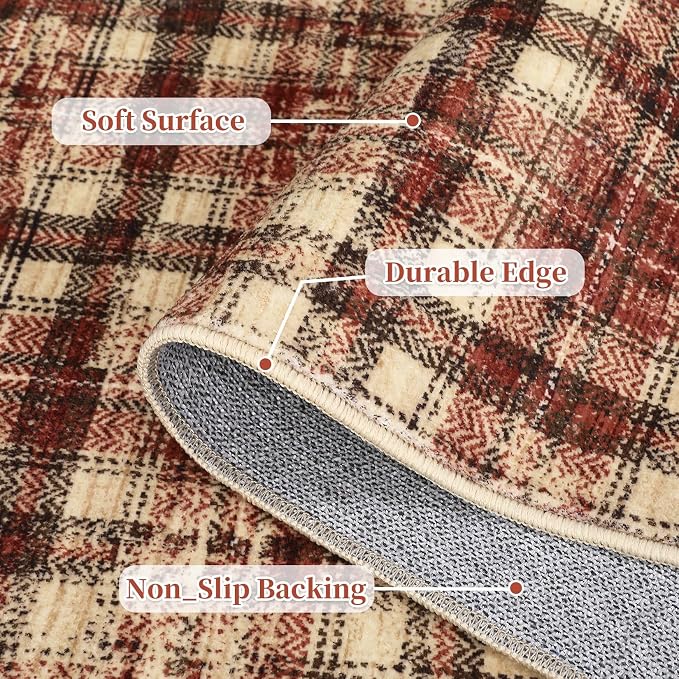 Washable Runner Rug 2x8 Modern Christmas Entryway Rug Tartan Plaid Non Slip Kitchen Rugs Rustic Bedroom Area Rug Hallway Runners Soft Carpet Bath Mat Stain Resistant Throw Rugs for Laundry Red