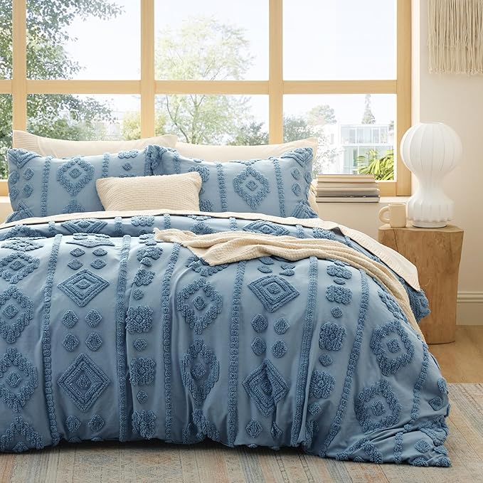 Bedsure Boho Duvet Cover Queen Size - Dusty Blue Tufted Boho Bedding, Farmhouse Shabby Chic Embroidery Bedding for All Seasons, 3 Pieces, 1 Soft Jacquard Queen Comforter Cover and 2 Pillow Shams