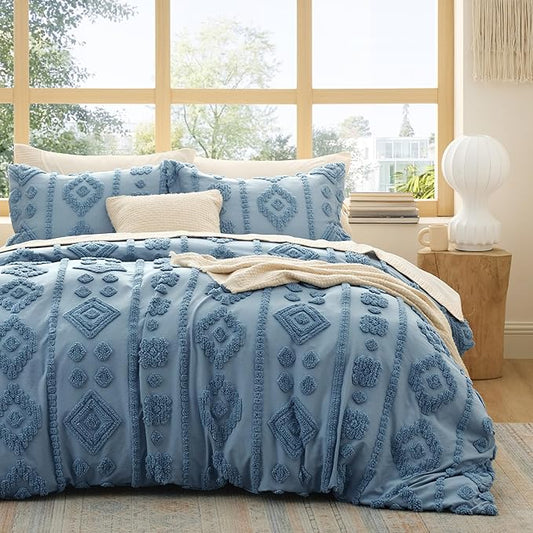 Bedsure Boho Duvet Cover King - Dusty Blue Tufted Boho Bedding, Farmhouse Shabby Chic Embroidery Bedding for All Seasons, 3 Pieces, 1 Soft Jacquard King Comforter Cover and 2 Pillow Shams