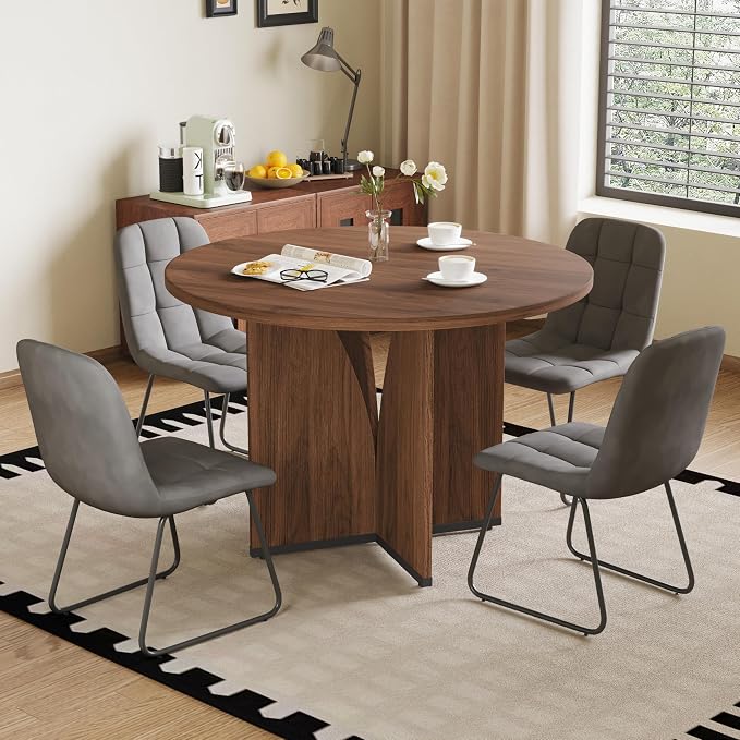 HIPIHOM Modern Round Dining Table Set for 4, 39.4" Walnut Kitchen Table with 4 PU Leather Chairs, 5-Piece Mid-Century Dining Room Set for Small Spaces, Pedestal Base