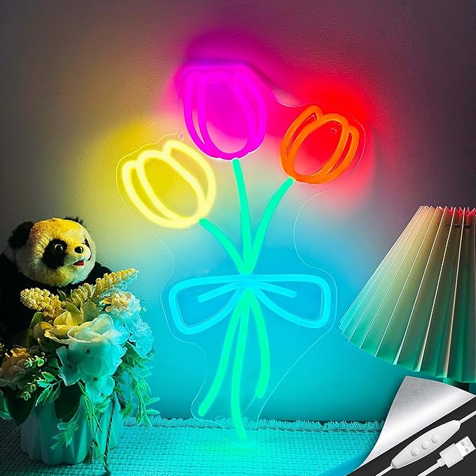 Tulip Flower Neon Sign for Wall Decor LED Tulip Lamp With Dimmable Switch Tulip Neon Night Light for Bedroom Wall Decor Flower Shop Decor Tulip Sign for Living Room Party Decoration