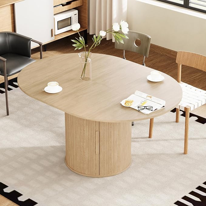 weselon 43"-59" Extendable Round to Oval Dining Table with Hidden Storage, Modern Wooden Kitchen Table with Fluted Sliding Door Cabinet, Expandable Dinner Table for Dining Room Living Room (Natural)