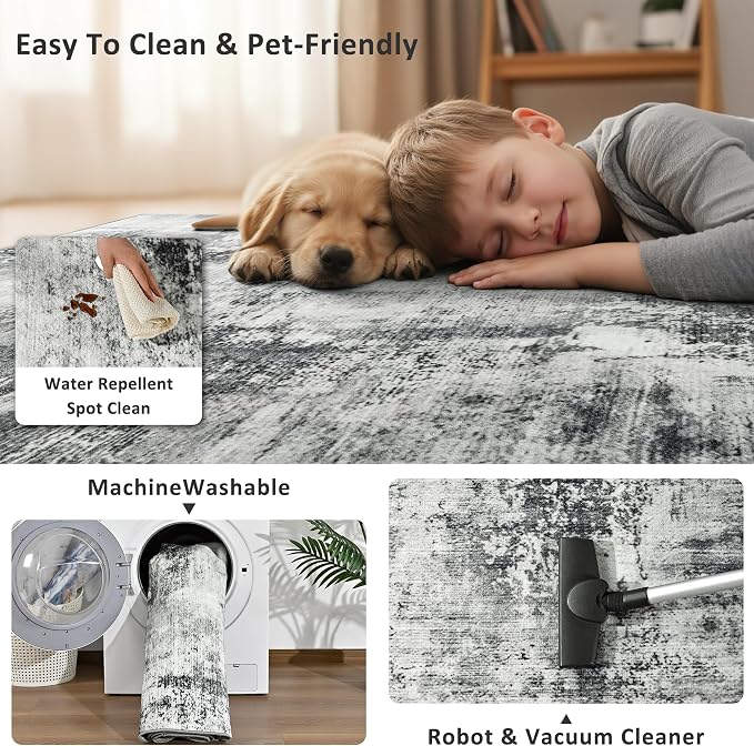 Merelax Washable Area Rugs 8'x10' Grey Abstract Rug for Living Room Bedroom Entryway Nursery, Dining Room and Farmhouse Rug, Non-Slip Modern Indoor Low Pile Soft Floor Carpet, Gray Print Pattern