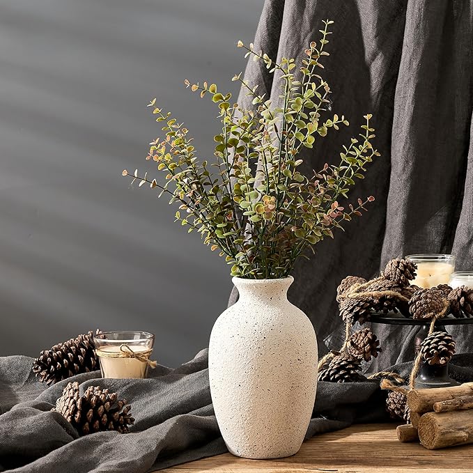 Ceramic Rustic Flower Vase, 8.38 Inch Vintage Pottery Home Decor, Antique Farmhouse Terracotta Vase for Living Room, Table, Shelf, Mantel Decoration, Farmhouse - Cream-White