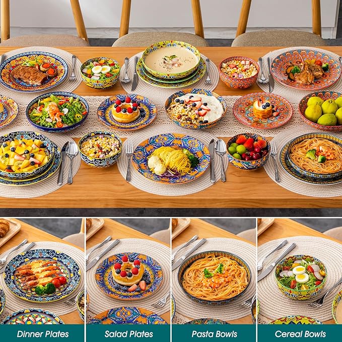 vancasso 24-Piece Dinnerware Sets,Plates & Bowls Sets Service for 6, Bohemian Porcelain Dishes Set for 6, Kitchen Dinner Set,Microwave & Dishwasher Safe, Scratch Resistant,Series KRVI