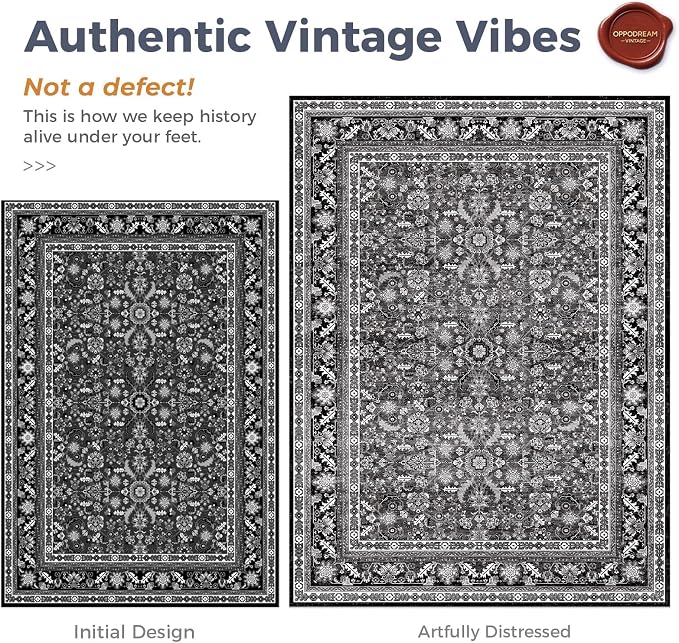 OPPODREAM Vintage Black 3x6 Runner Rug, 3 x 6 Retro Washable Rug Non Slip, Low-Pile Faux Wool Carpet, Distressed Floor Mat for Kitchen, Hallway, Entry-Way, Entrance, Indoor Back Door