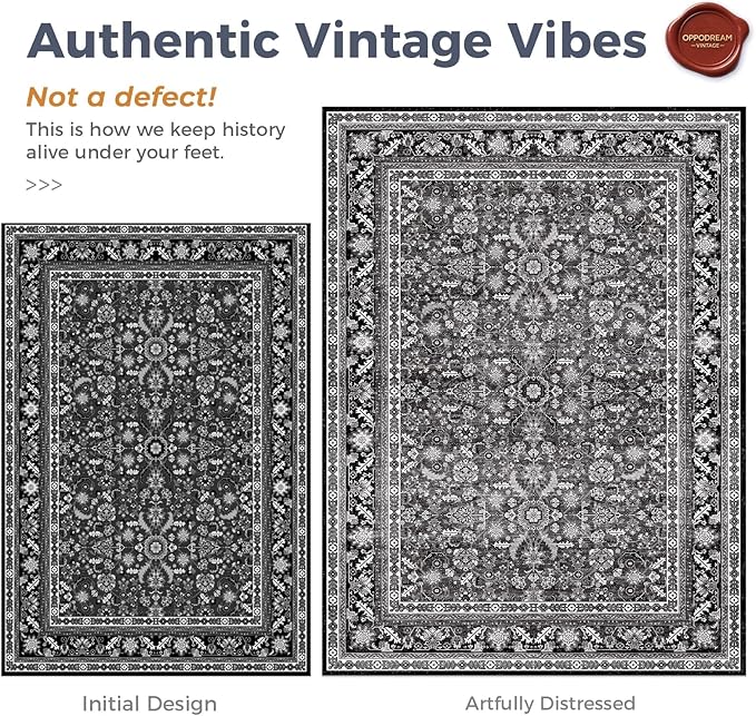 OPPODREAM Vintage Black Round Rug 5ft, 5 ft Retro Washable Circle Rug Non Slip, Low-Pile Faux Wool Circular Carpet, Distressed Floor Mat for Living Room, Bedroom, Office, Dorm, Dinning Room