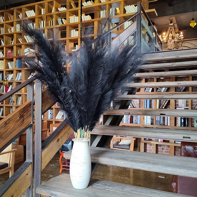 Premium Faux Pampas Grass Decor Tall & Fluffy, No Assembly Needed Long Pampas, Luxury Large Floral, Elegant Feather Flowers for Wedding Decorations (Faux Black, 8pcs 43.3"(110cm))