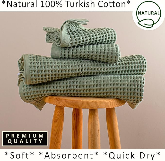 PÜSKÜL 4-Piece Natural 100% Turkish Cotton Luxury Waffle Towels for Bathroom | Premium Honeycomb Weave 2 Hand Towel & 2 Bath Towel Set | Soft Absorbent Quick-Dry Lightweight Towels (Sage Green)