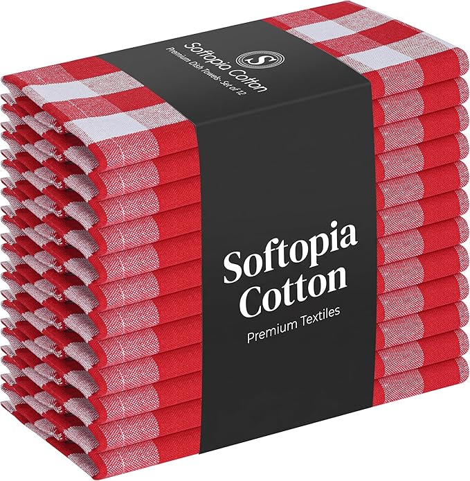 Gingham Check Dish Towels 12 Pack, 18"x26", Absorbent Hand Towels for Kitchen Use, Quick Dry Cloths, 100% Cotton, Durable Washable Rags, Reusable Dishcloth Set - Red, White