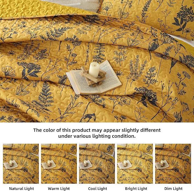 JANZAA Quilts Queen Size Ginger Quilt Botanical with Floral Pattern Microfiber Bedspreads Queen Size 3 Pieces Lightweight Comforter Reversible Bedding Set, 1 Quilt 90x90 inches, 2 Pillowcases