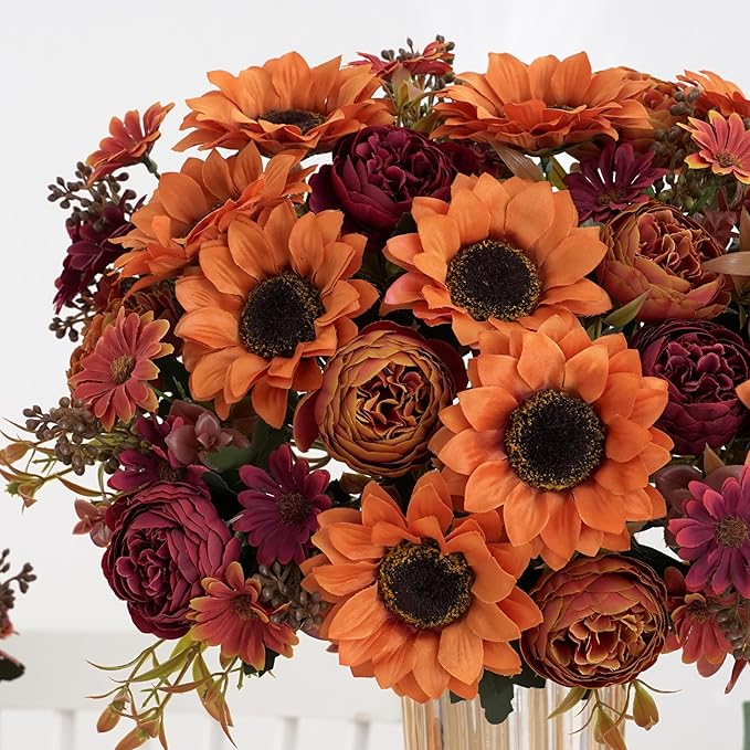 3 Bunches Sunflowers Fake Flowers, Fall Silk Artificial Sunflowers Decorations for Home Office, Wedding, Autumn Floral Arrangements, Halloween, Thanksgiving, Harvest Festival Decoration