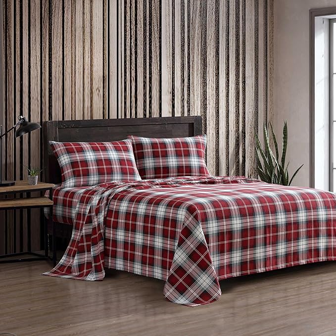 Eddie Bauer - Full Bed Sheets, Cotton Flannel Bedding Set with Matching Pillowcases, Brushed for Extra Softness, Deep Pocket, Oeko-Tex Certified (Heartland Plaid Red)