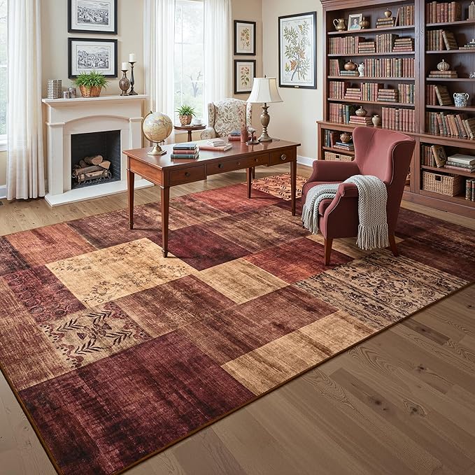 Tepook Modern Area Rug for Living Room, 4x6 Geometric Large Rugs for Bedroom, Washable Patchwork Rug Indoor Non-Slip Throw Carpets for Dining Room Office Farmhouse Home Decor, Red
