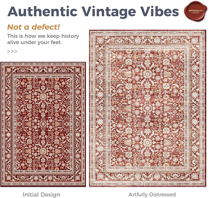 OPPODREAM Vintage Red Round Rug 4ft, 4 ft Retro Washable Circle Rug Non Slip, Low-Pile Faux Wool Circular Carpet, Distressed Floor Mat for Living Room, Bedroom, Office, Dorm, Dinning Room