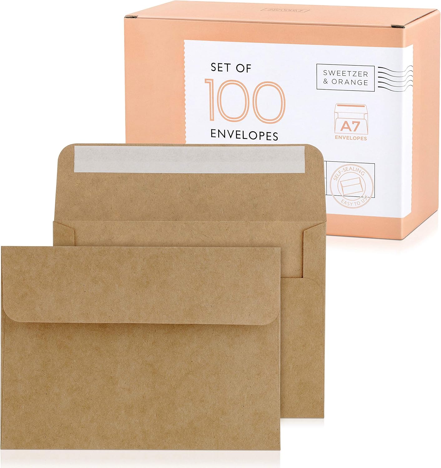 Sweetzer & Orange A7 Brown Self-Seal Envelopes - 100 Pack, 5x7 Inches, Kraft 150gsm for Weddings & Invitations