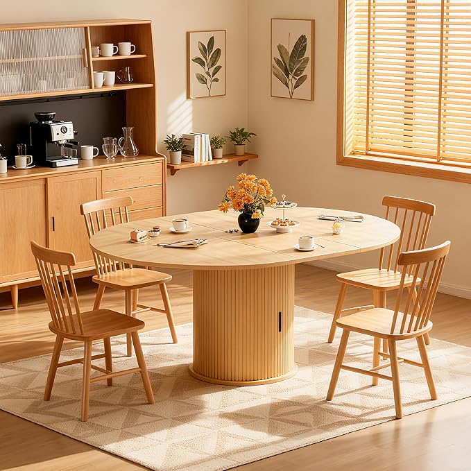 Wildhome Extendable Round Dining Table for 2-4-6, 59 Inch Dining Room Kitchen Table with 2-Tier Storage Shelf, Modern Farmhouse Fluted Wood Slide Door Dinner Furniture,Oval Circle,Oak